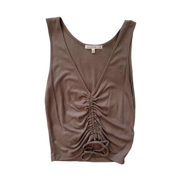 Antistar Women’s Ribbed Tank Top M Brown Ruched Drawstring V-Neck Stretchy Y2K - Picture 1 of 4